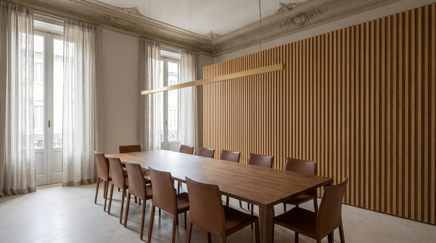 Sala riunioni con parete a doghe di rovere.
